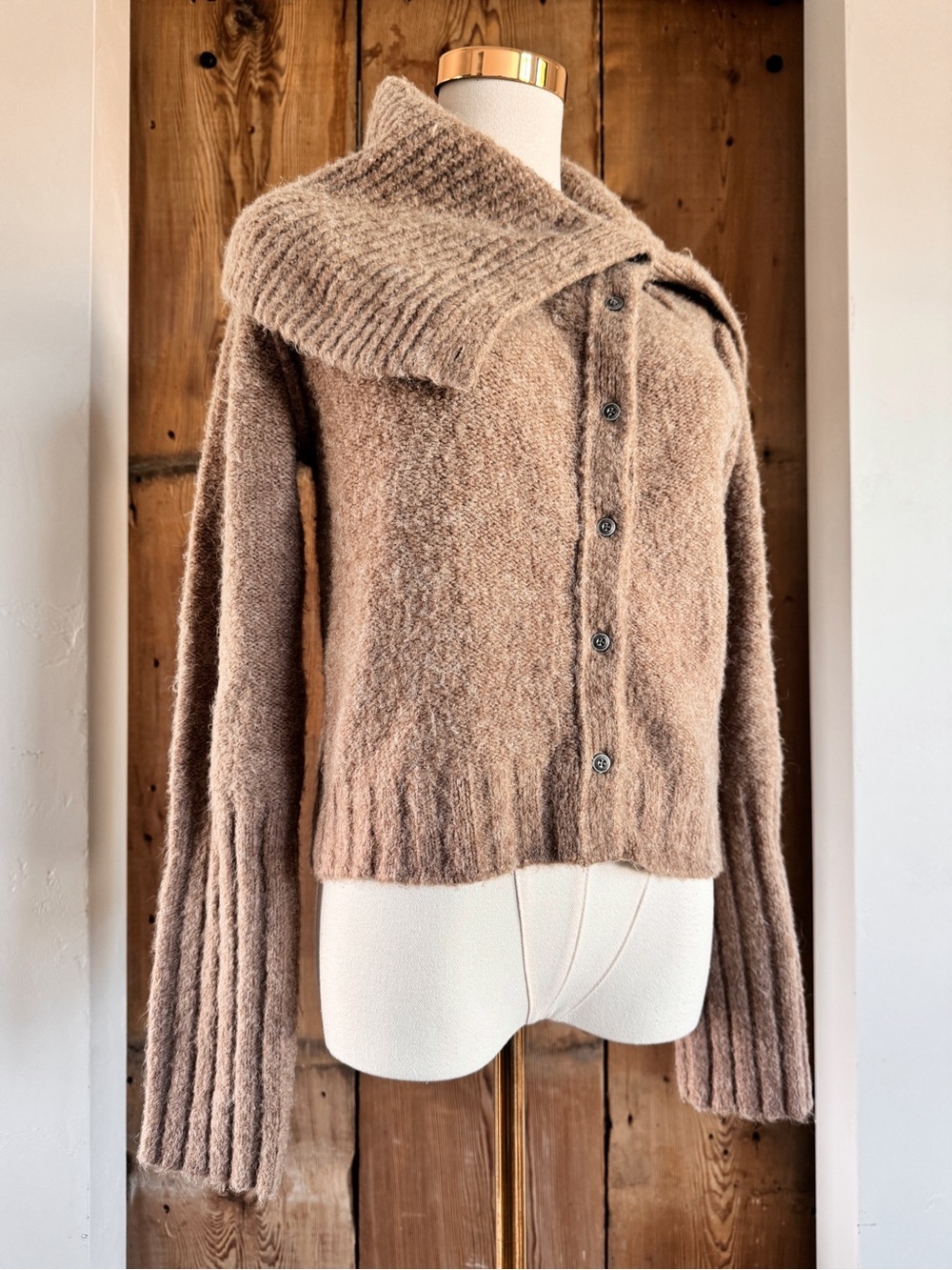 Sz S Pilcro Neutral Brown Chunky Rib Knit Fuzzy Button Front Cardigan GUC